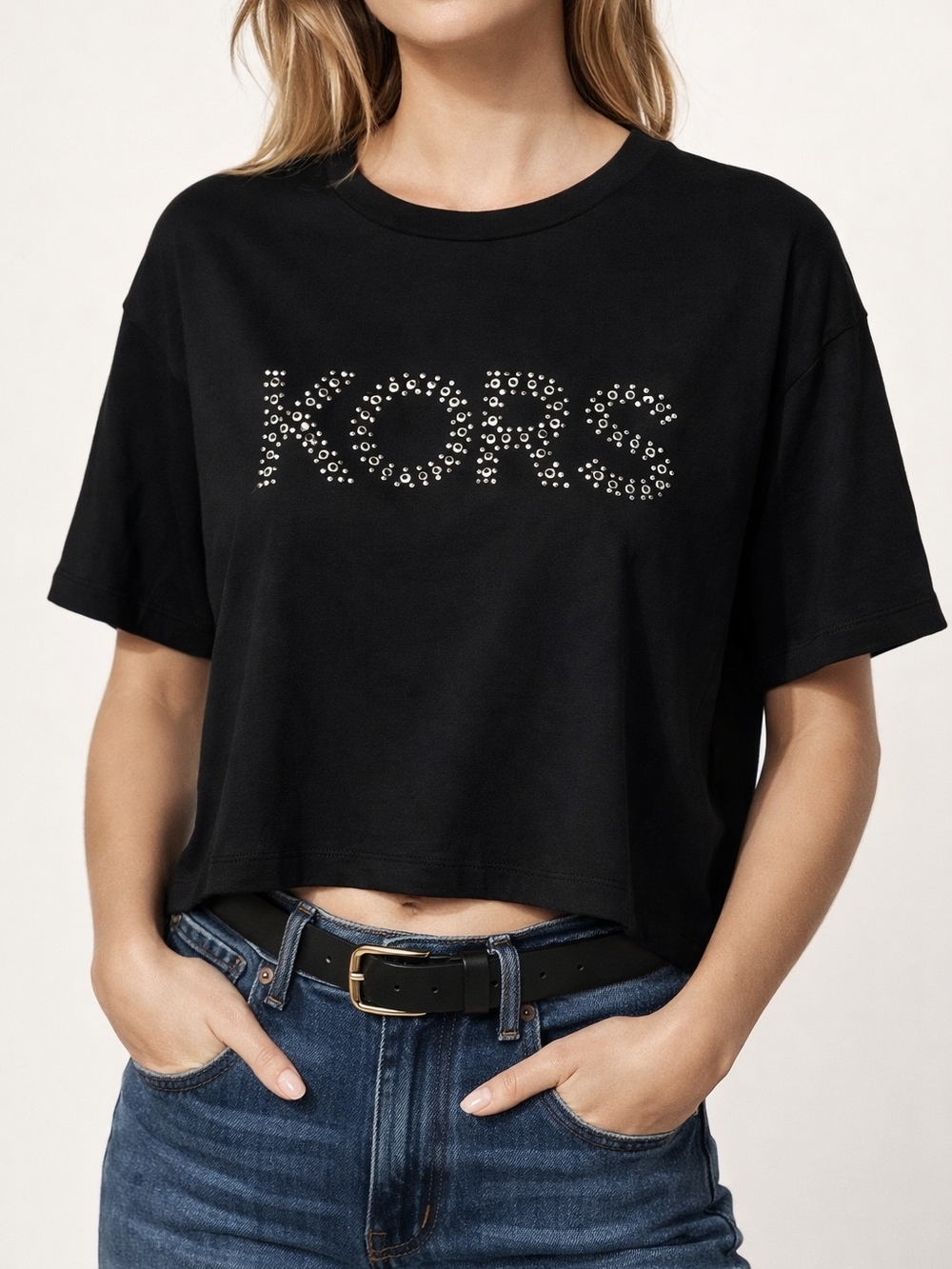 Michael Kors Black Cropped Tee with Studded KORS Logo